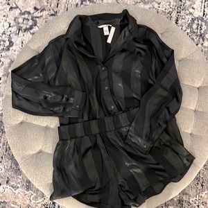 NWT! Victoria Secret Black Satin Pinned Stripped Two Piece Pajama Set.